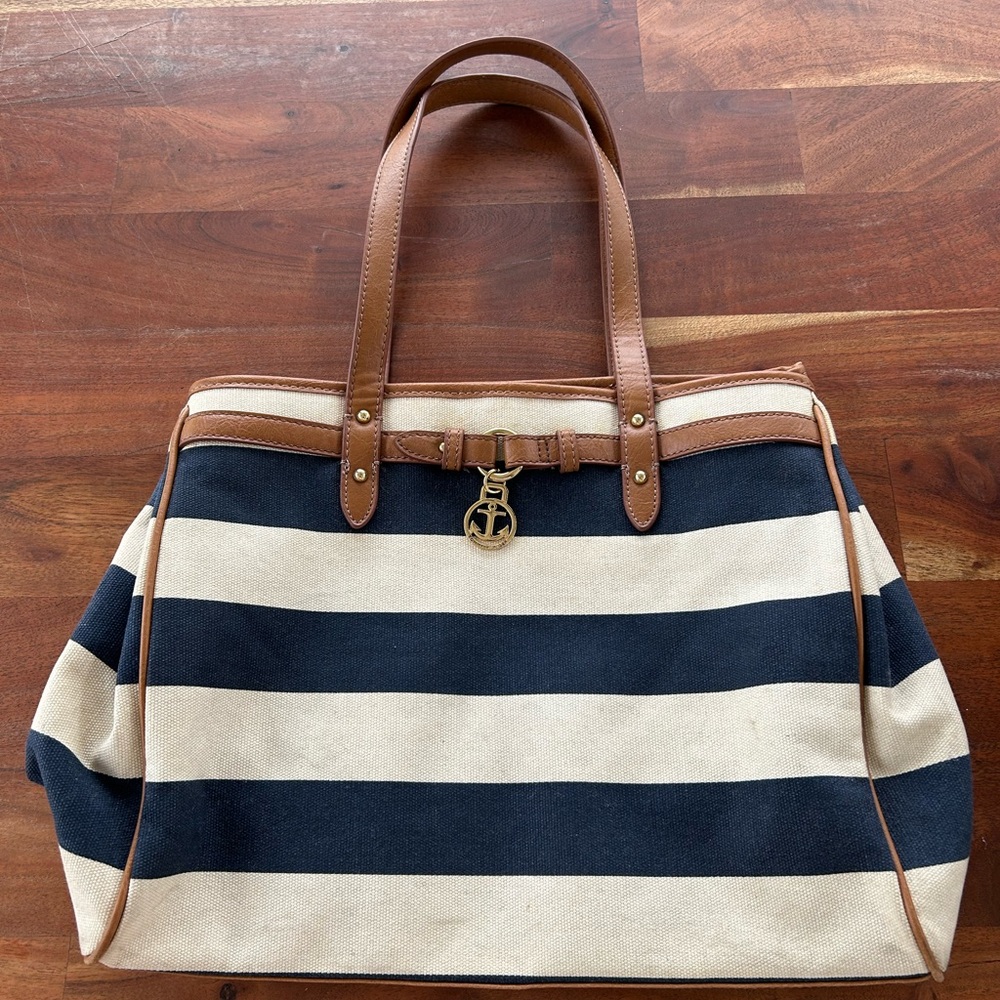 Tommy Hilfiger Navy and Cream Striped Tote